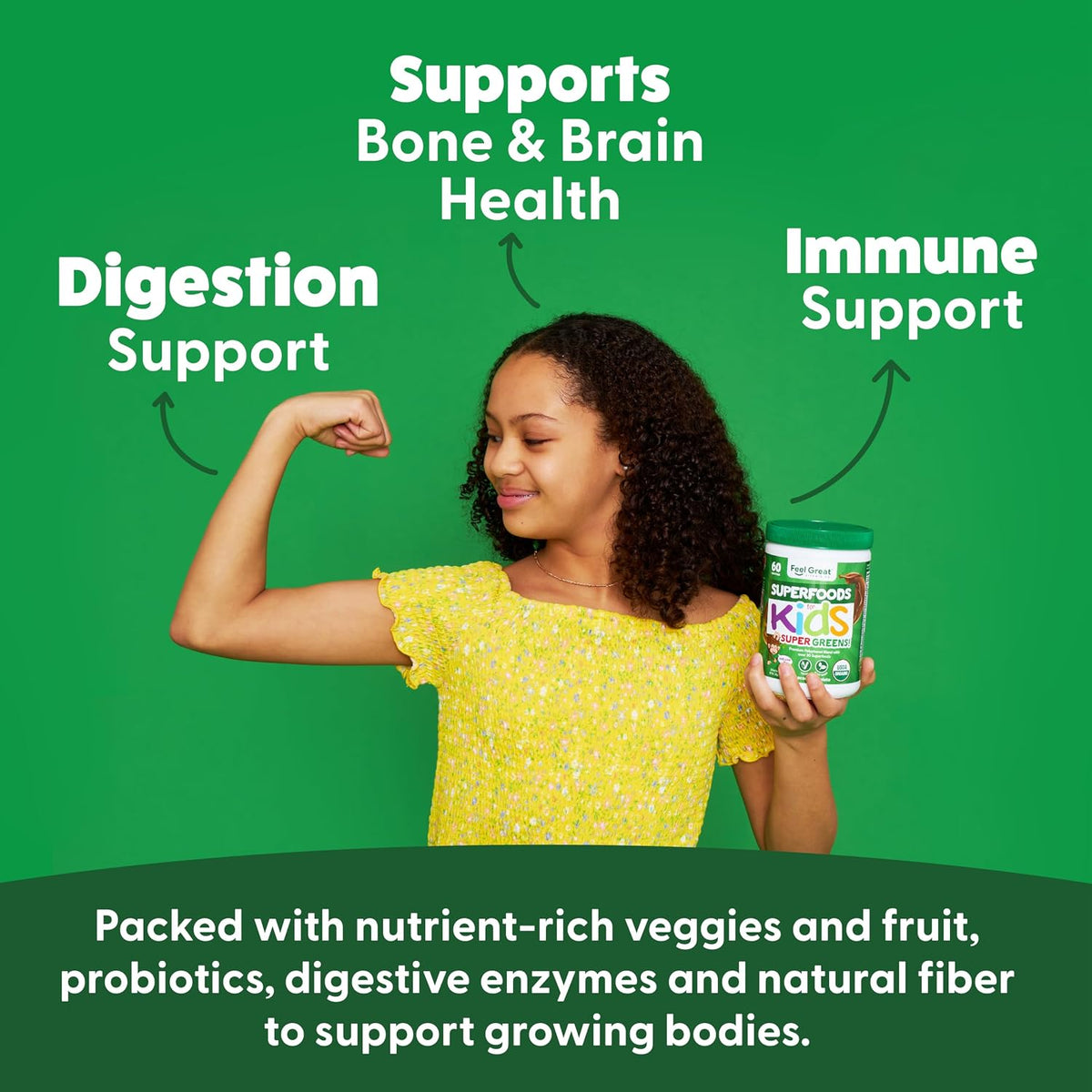 Feel Great USDA Organic Super Greens Powder for Kids – Cocoa Chocolate | Fruit and Vegetable Supplement with Probiotics & Digestive Enzymes - görsel 3