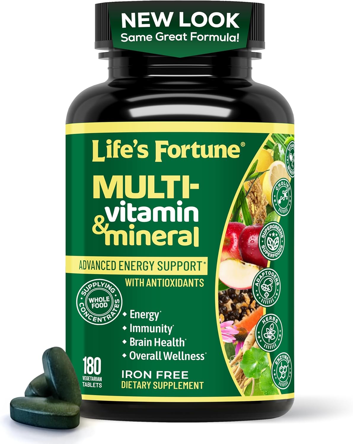 Life's Fortune Whole Food Multivitamin & Mineral Supplement – Energy, Immune & Brain Support – Iron-Free, 180 Vegetarian Tablets - görsel 1