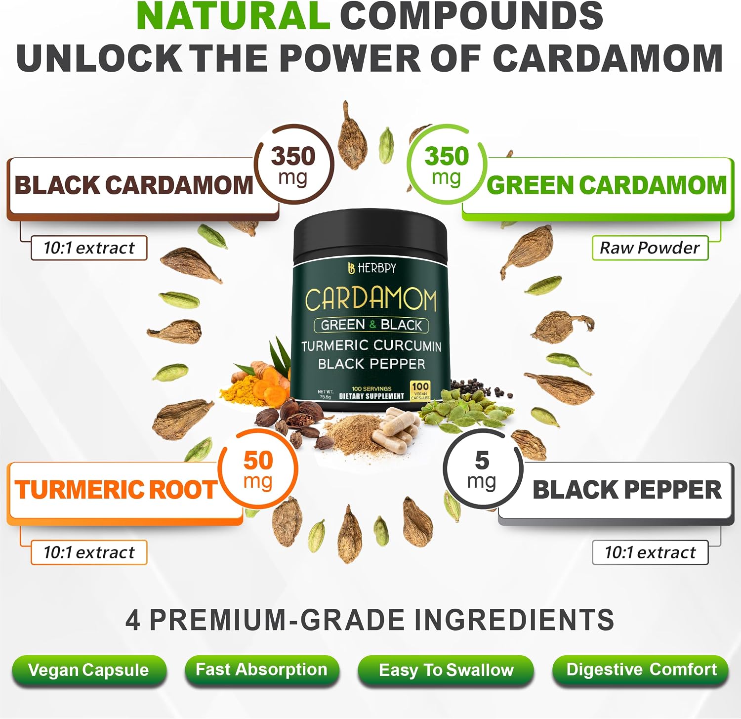 Herbpy 4-in-1 Cardamom Supplement - Green & Black Cardamom Seeds with Turmeric & Black Pepper – Digestive Health & Natural Wellness, 100 Vegan Capsules - görsel 2