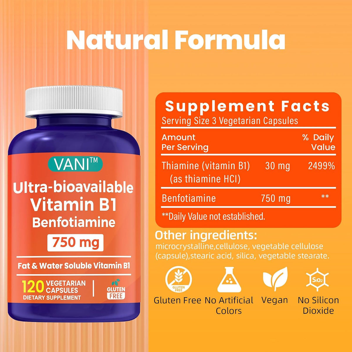 Mega Benfotiamine 750mg with Vitamin B-1 - Gluten-free, 120 Capsules - görsel 4