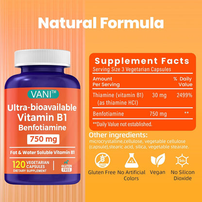 Mega Benfotiamine 750mg with Vitamin B1 – Highly Bioavailable Benfotiamine Supplement, 120 Capsules