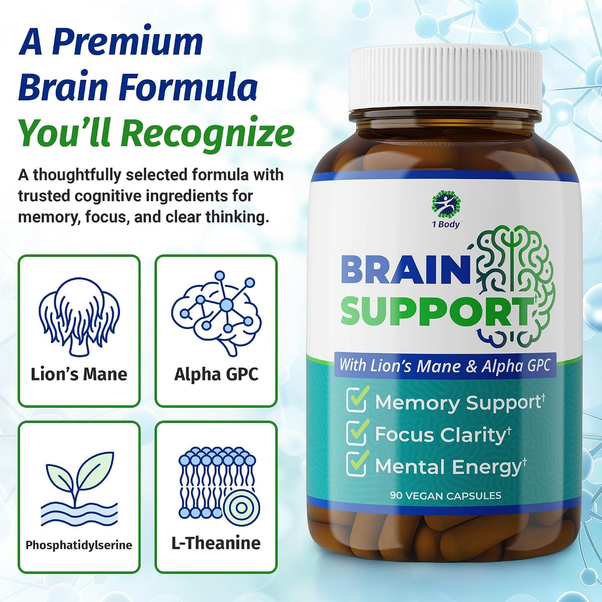 1 Body Brain Supplement - Nootropic with Alpha GPC, Ginkgo & Bacopa - 90 Vegan Capsules - görsel 3