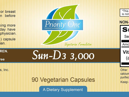 Priority One Vitamins Sun D3 3,000 IU 90 Vegetarian Capsules