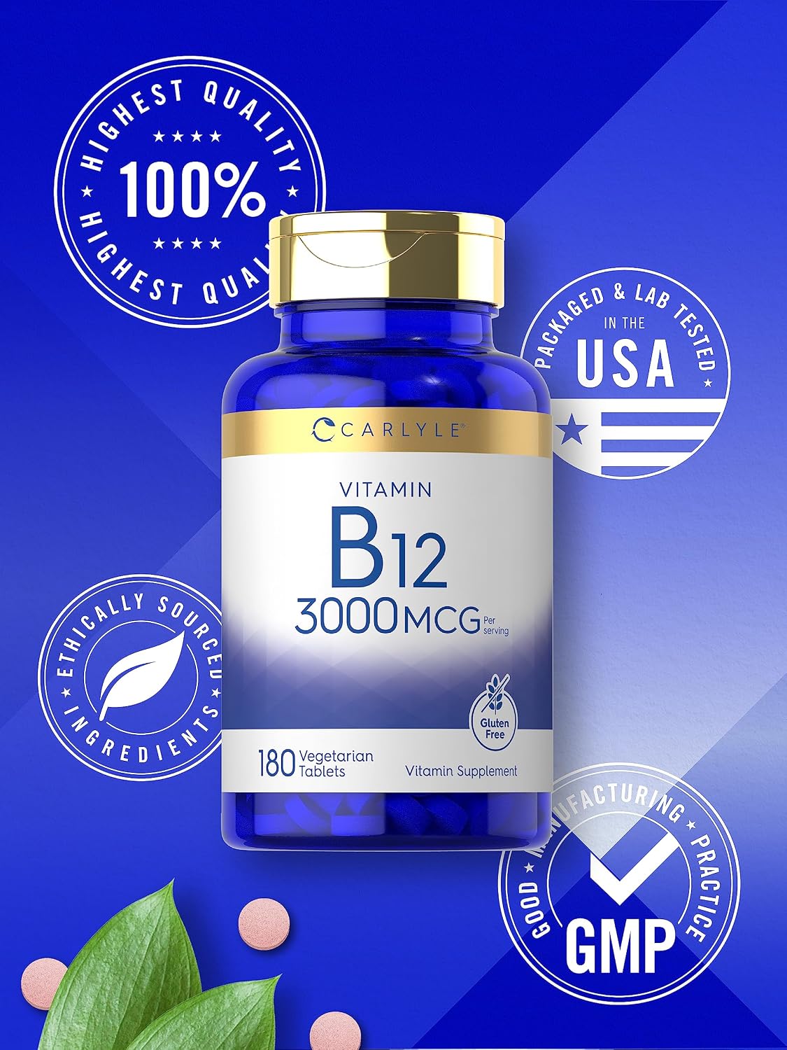Carlyle Vitamin B12 3000 mcg, 180 Tablets - Vegetarian, Non-GMO, Gluten-free Supplement - görsel 5