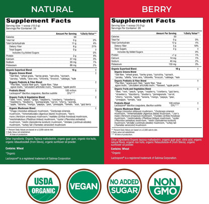 Country Farms Super Greens Power Pack - 50 Organic Superfoods with Probiotics, Unflavoured & Berry, 40 Servings