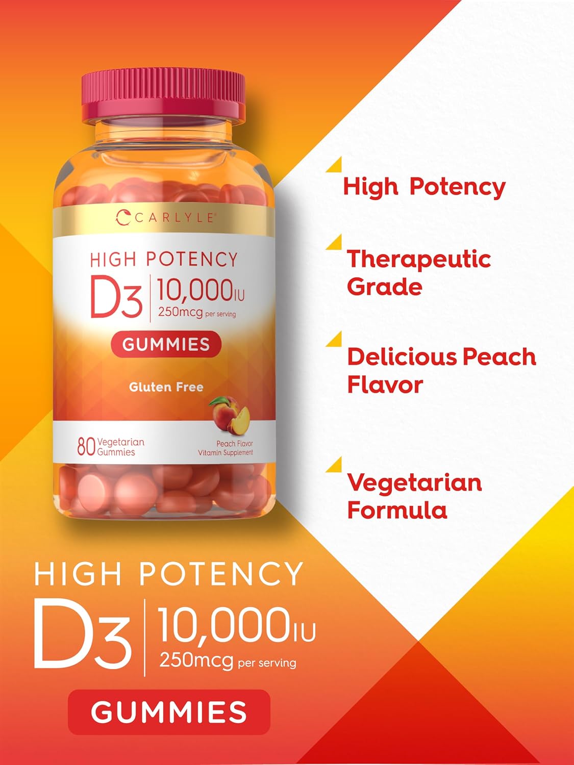 Carlyle Vitamin D3 10000 IU Gummies for Adults - 80 Count, Peach Flavoured, High Potency, Vegetarian, Non-GMO, Gluten-free - görsel 4