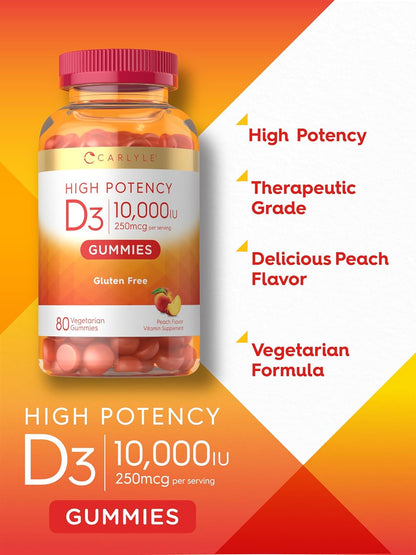 Carlyle Vitamin D3 10000 IU Gummies for Adults - 80 Count, Peach Flavoured, High Potency, Vegetarian, Non-GMO, Gluten-free