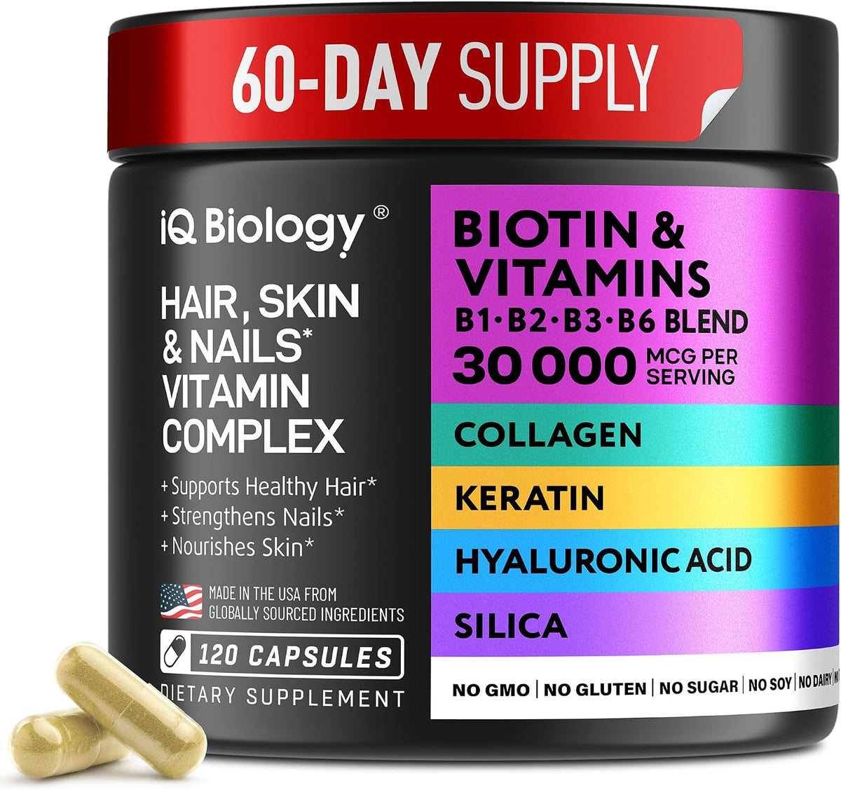 IQ BIOLOGY Biotin 10,000 µg Supplement with Collagen & Keratin for Hair, Skin & Nails - 60 Capsules – Image 9