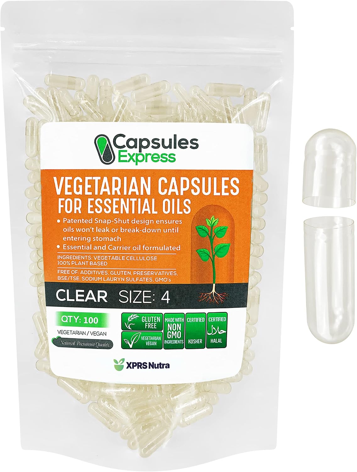 XPRS Nutra Size 4 Empty Vegan Capsules - 100 Count Clear Vegetable Capsules for Essential Oils - görsel 1