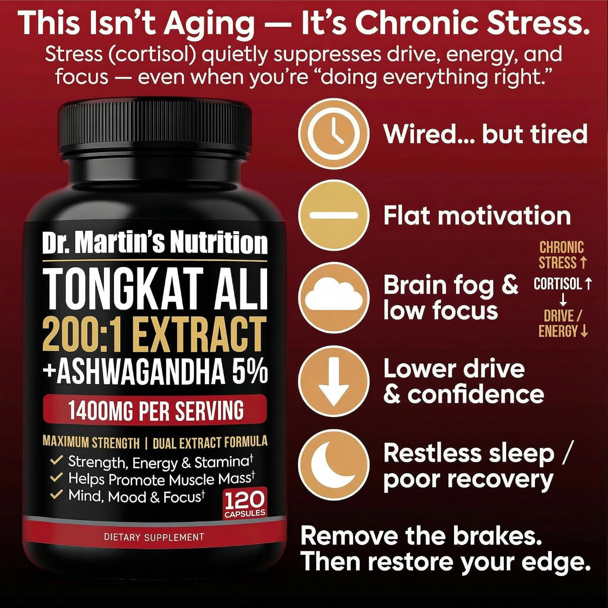 DR. MARTIN'S NUTRITION Tongkat Ali 200:1 Extract + Ashwagandha 5% Withanolides, Dual-Adaptogen Support, 120 Capsules - görsel 3