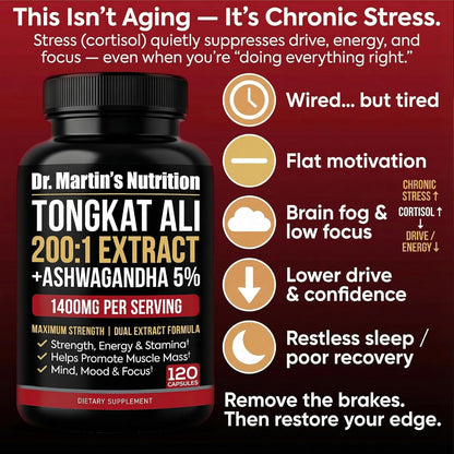 DR. MARTIN'S NUTRITION Tongkat Ali 200:1 Extract + Ashwagandha 5% Withanolides, Dual-Adaptogen Support, 120 Capsules
