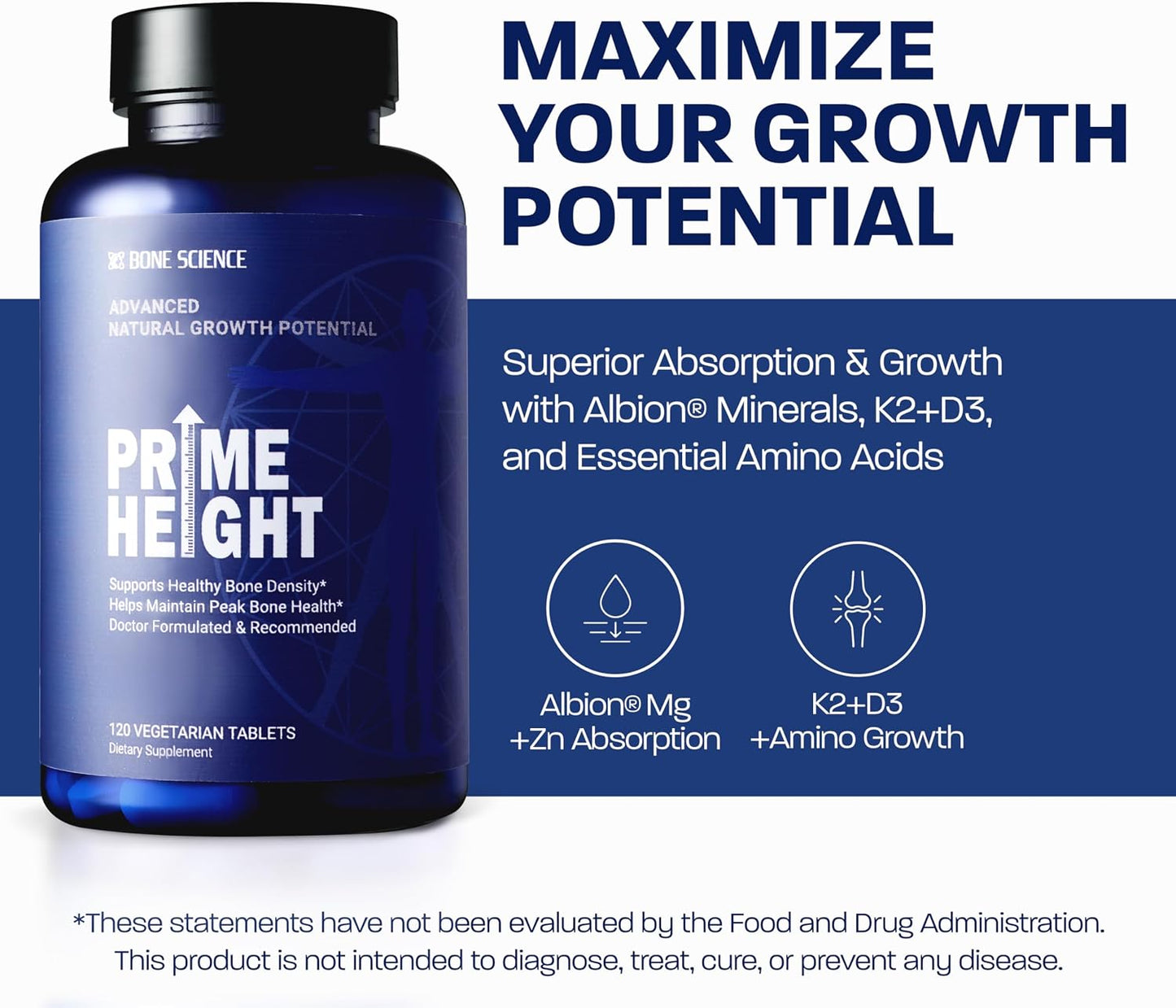 BONE SCIENCE Primeheight Bone & Growth Support - Calcium, Vitamin D3, K2, Magnesium, Zinc - 120 Tablets - görsel 2