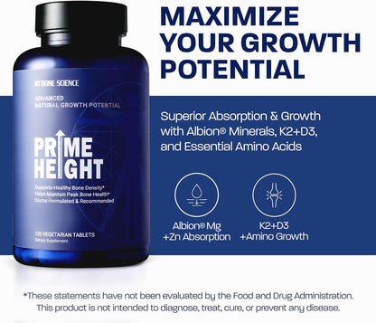 BONE SCIENCE Primeheight Bone & Growth Support - Calcium, Vitamin D3, K2, Magnesium, Zinc - 120 Tablets