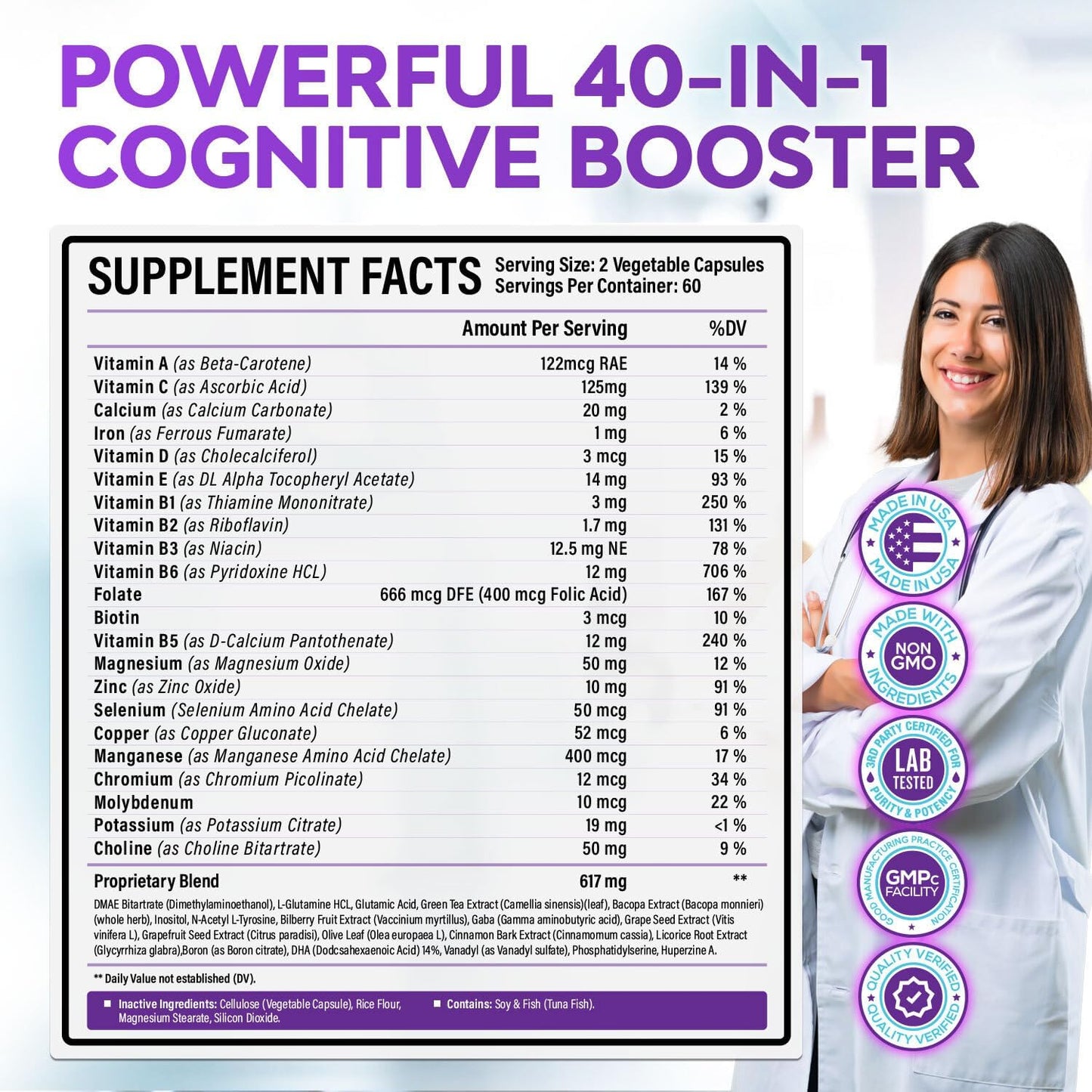 40-in-1 Brain Booster Supplements for Memory, Focus, Clarity, Energy, Performance | Natural Nootropic Brain Support Supplement with DMAE, Bacopa Monnieri & More | For Men & Women | 120 Veggie Capsules - görsel 5
