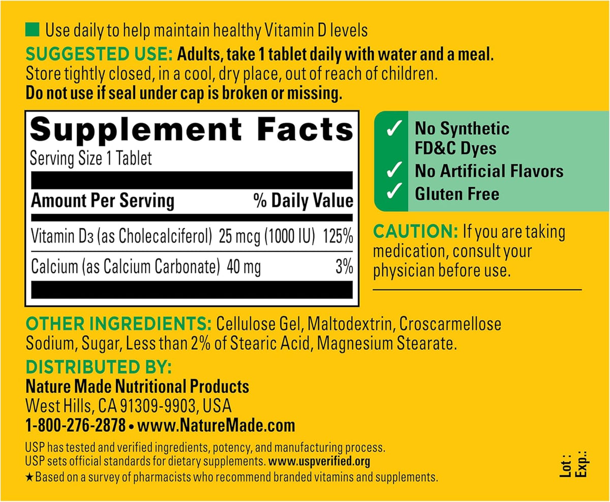 Nature Made Vitamin D3 1000 IU (25 mcg), Vitamin D Supplement for Bone, Teeth, Muscle and Immune Health Support, 300 Tablets, 300-Day Supply - görsel 7