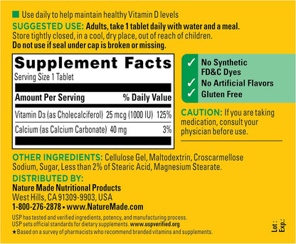 Nature Made Vitamin D3 1000 IU (25 mcg), Vitamin D Supplement for Bone, Teeth, Muscle and Immune Health Support, 300 Tablets, 300-Day Supply