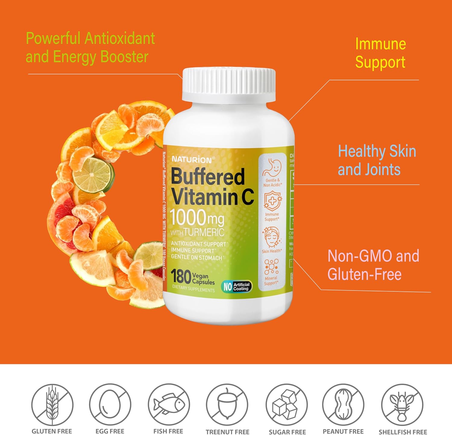 Buffered Vitamin C 1000 mg with Organic Turmeric - Supports Immune Function, Antioxidant, Healthy Skin & Joints - 180 Vegan Capsules - görsel 6
