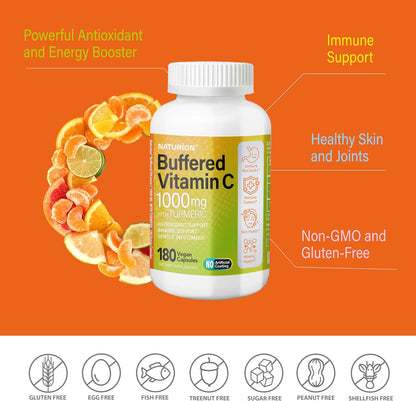 Buffered Vitamin C 1000 mg with Organic Turmeric - Supports Immune Function, Antioxidant, Healthy Skin & Joints - 180 Vegan Capsules