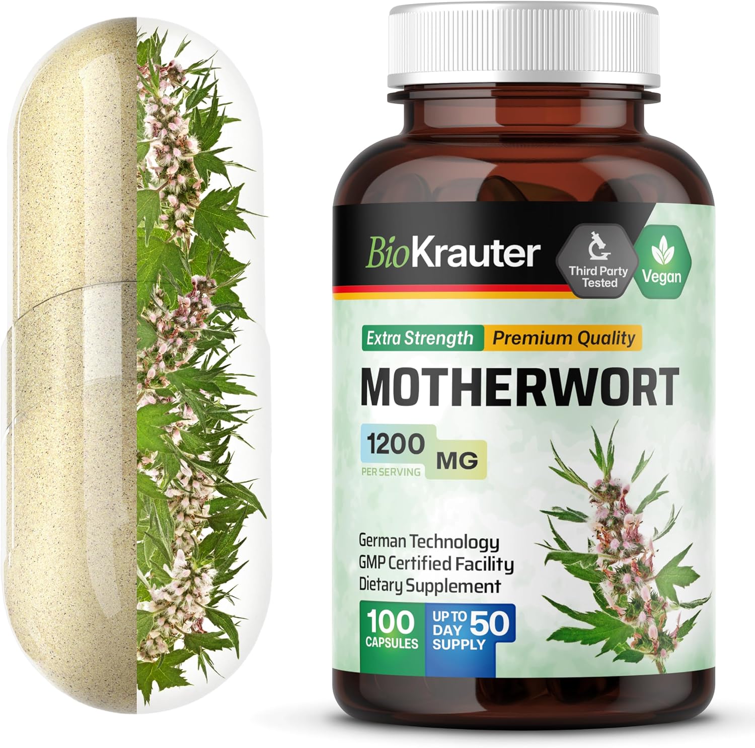 BIO KRAUTER® Perimenopause & Menopause Supplements for Women - Vegan Motherwort Capsules, 1200 mg per Serving, 100 Capsules (50-Day Supply) - görsel 1