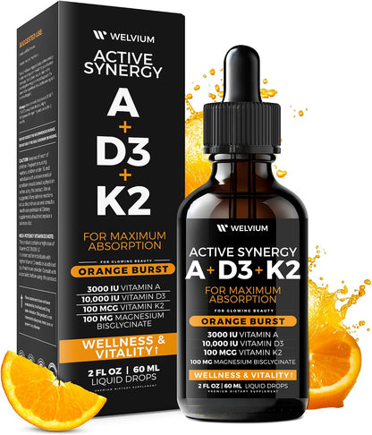 WELVIUM 7-in-1 Liquid Vitamin D3 K2 Magnesium Drops with 10,000 IU D3, MK-7, Vitamin A, Calcium, MCT Oil – Immune, Bone & Skin Support (30 Servings)