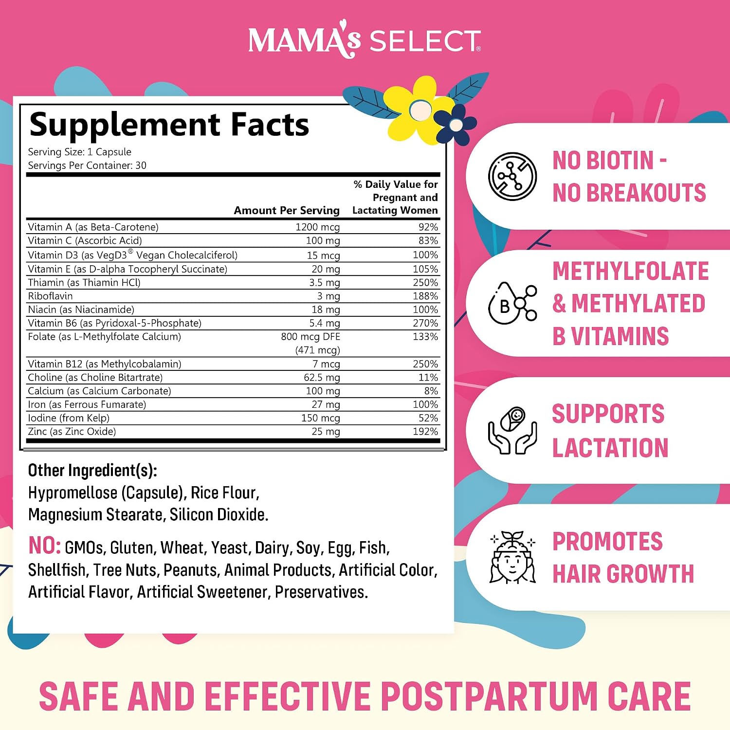 Mama's Select Postnatal Vitamins for Women – Postnatal Multivitamin for Recovery, Energy, Hair & Milk Supply – MTHFR-Friendly Methylated Folate, No Biotin, Vegan – 30 Capsules - görsel 2