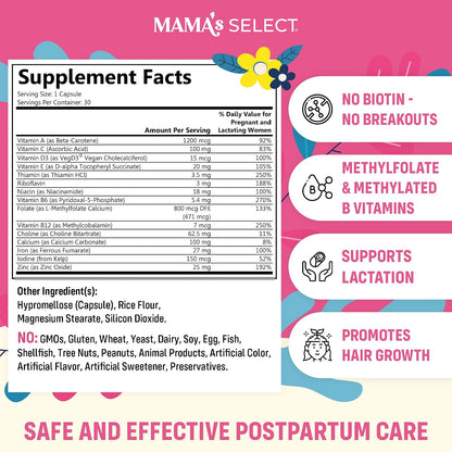 Mama's Select Postnatal Vitamins for Women – Postnatal Multivitamin for Recovery, Energy, Hair & Milk Supply – MTHFR-Friendly Methylated Folate, No Biotin, Vegan – 30 Capsules