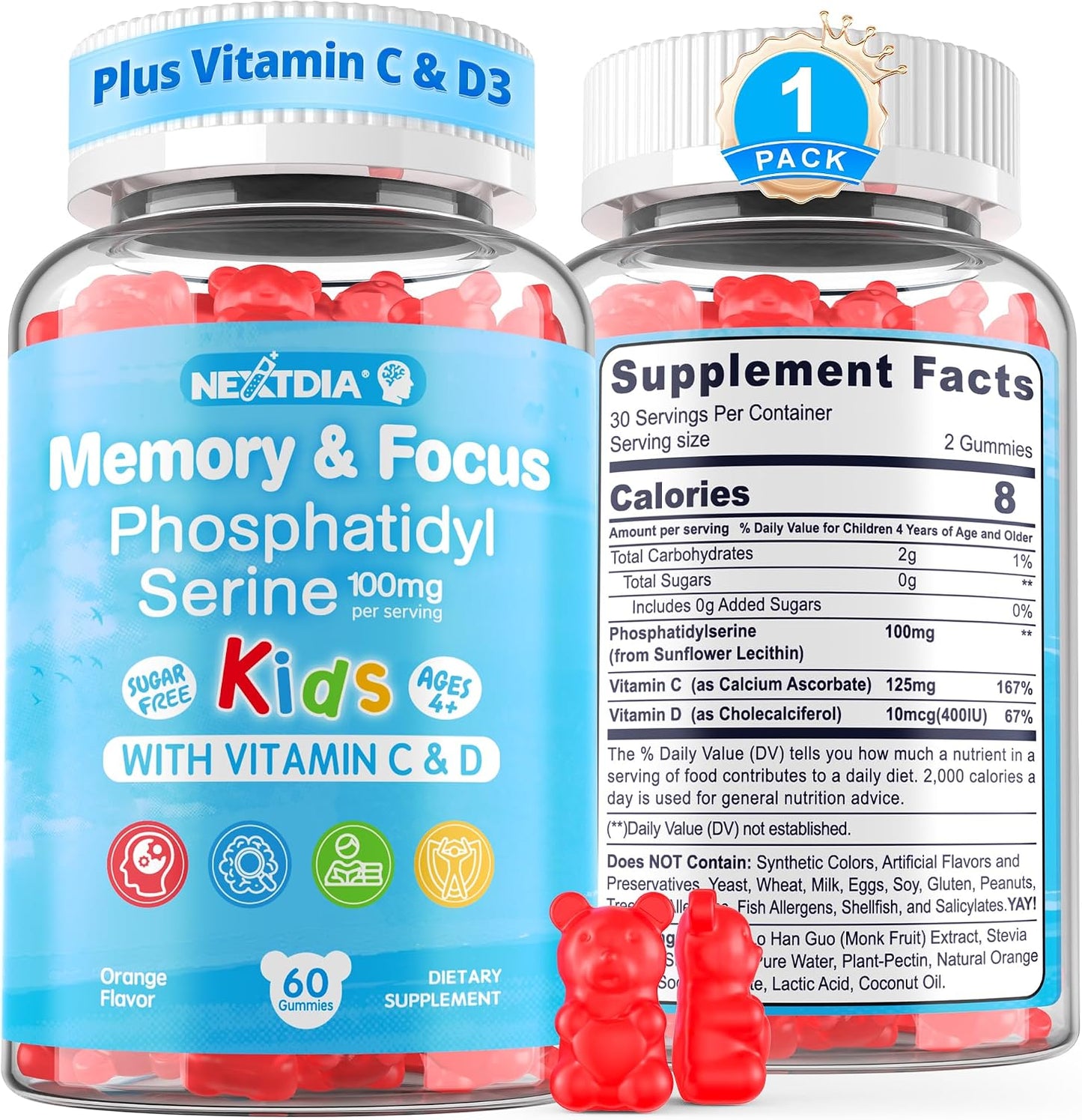 Phosphatidylserine Supplement 100mg, Focus Gummies for Children and Teens + Vitamin C & D3 400IU, Sugar Free, Vegan, Gluten-free, Non-GMO (60 Count) - görsel 1
