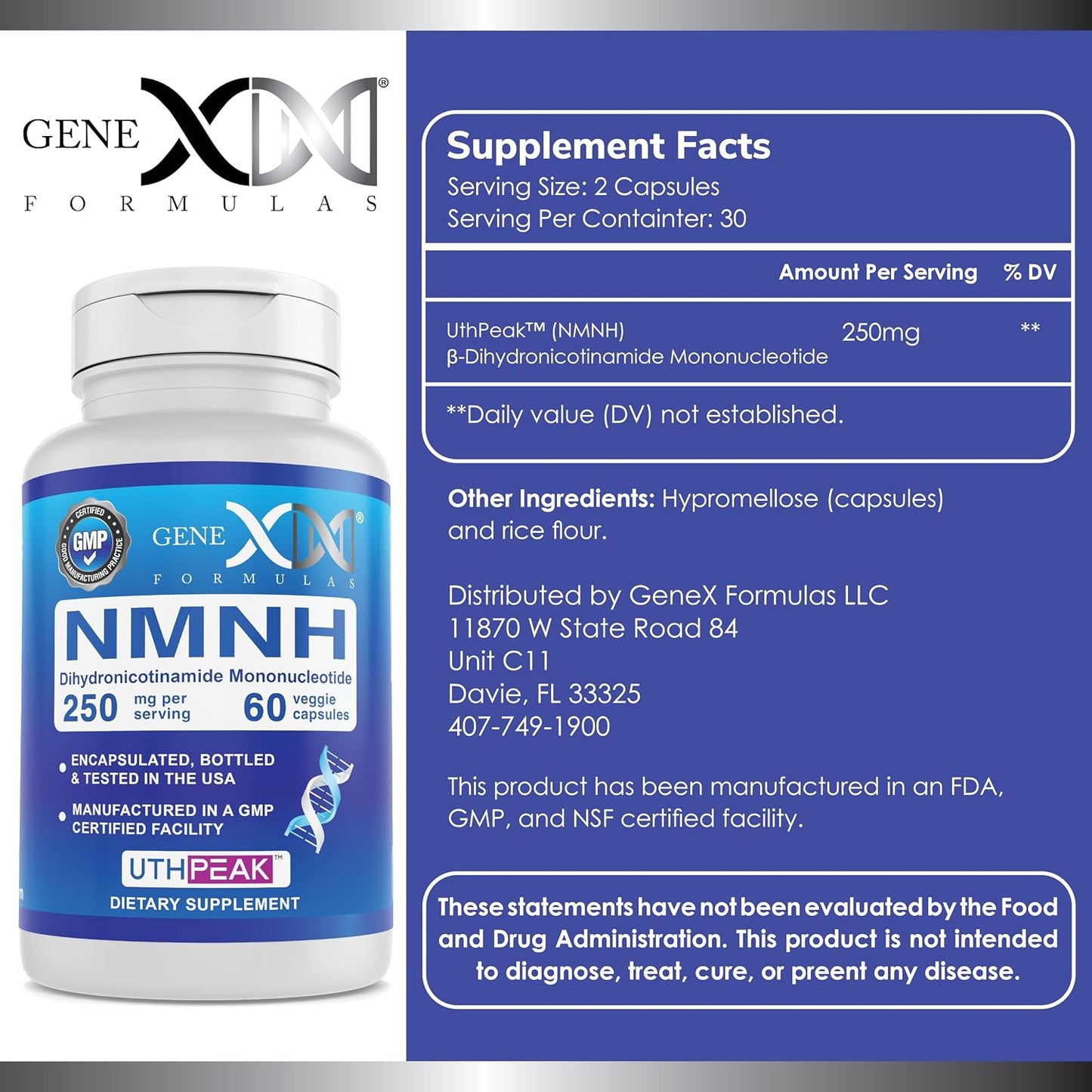 Genex Formulae 250mg NMNH (60 Capsules) | UthPeak™ Dihydronicotinamide Mononucleotide NAD+ Precursor - görsel 2