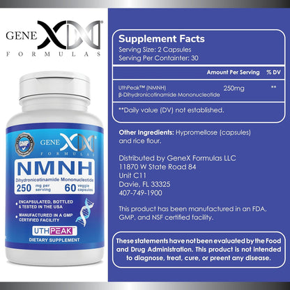 Genex Formulae 250mg NMNH (60 Capsules) | UthPeak™ Dihydronicotinamide Mononucleotide NAD+ Precursor