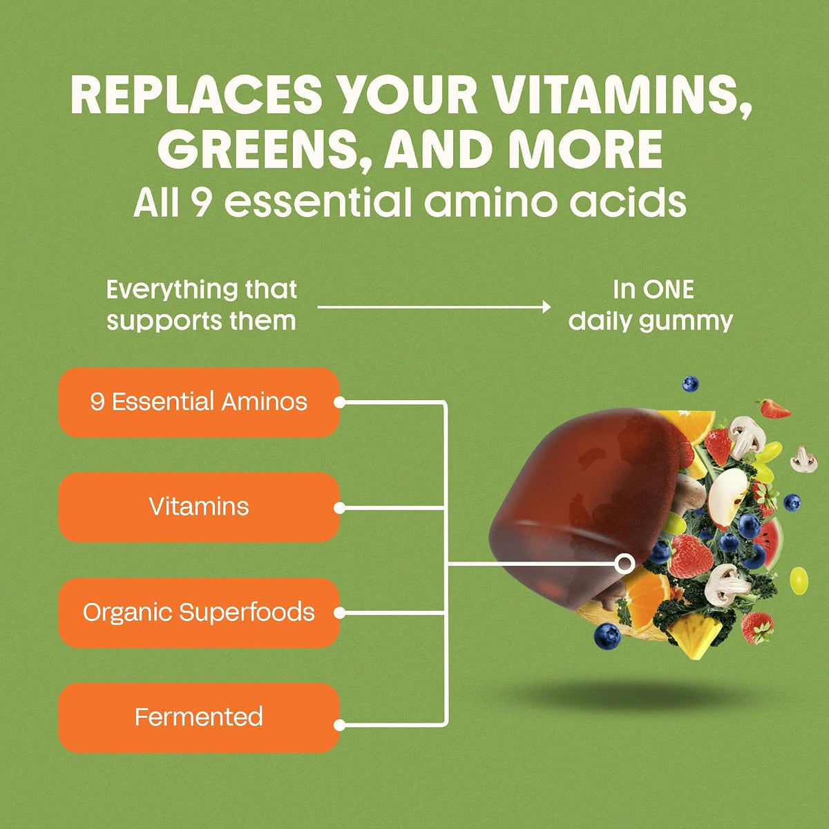 Awesome Everyday Essential Daily Nutrition Gummies - 9 Essential Amino Acids + Vitamins, Minerals & Organic Greens and Superfoods - Fermented Nutrition for Energy, Brain & Immunity – Children – 28 Count - görsel 3
