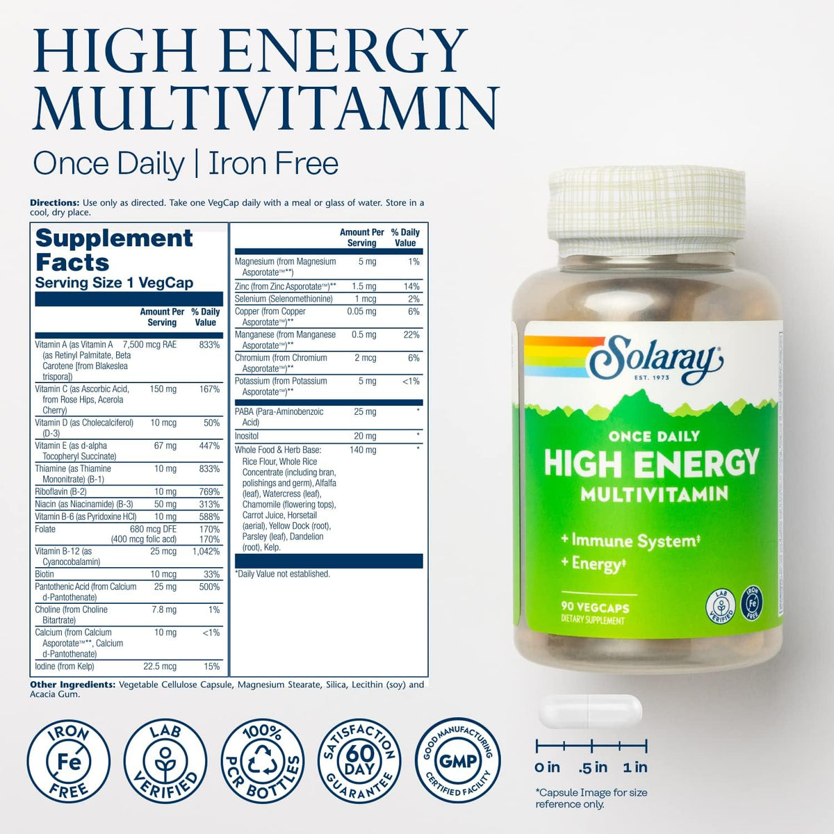 SOLARAY Once Daily High Energy Multivitamin - Iron Free - Immune and Energy Support - Whole Food and Herb Base - 90 VegCaps - görsel 2