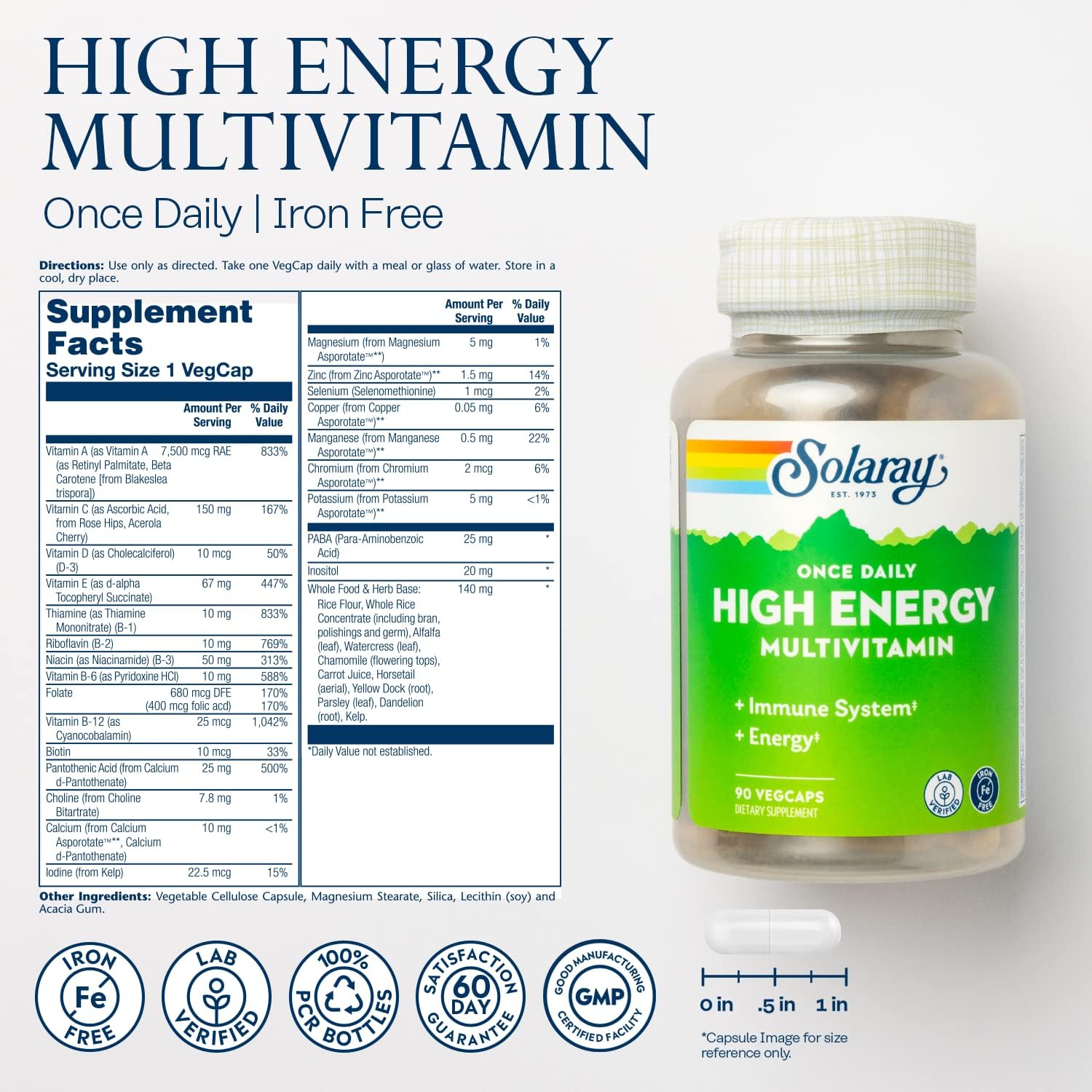 SOLARAY Once Daily High Energy Multivitamin - Iron Free - Immune and Energy Support - Whole Food and Herb Base - 90 VegCaps - görsel 2