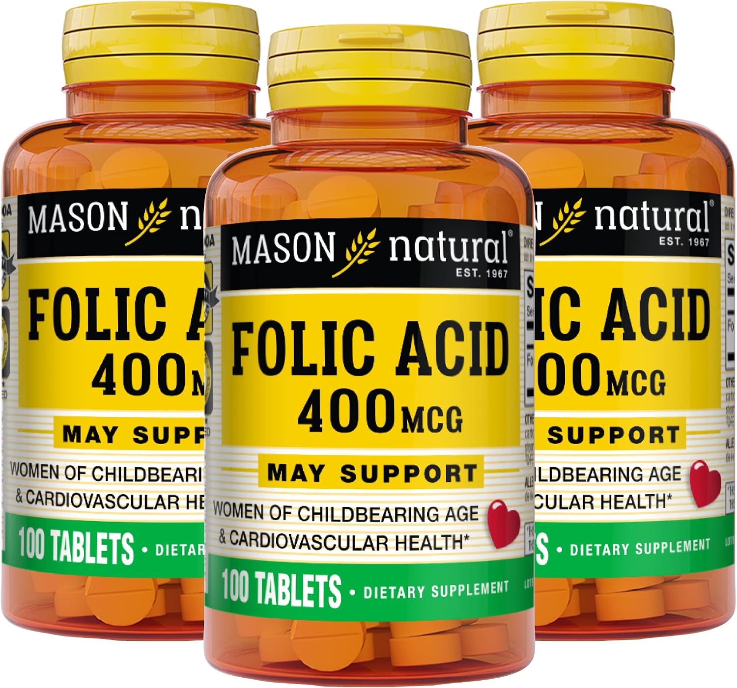 MASON NATURAL Folic Acid 400 mcg – 100 Tablets (Pack of 3) - görsel 1