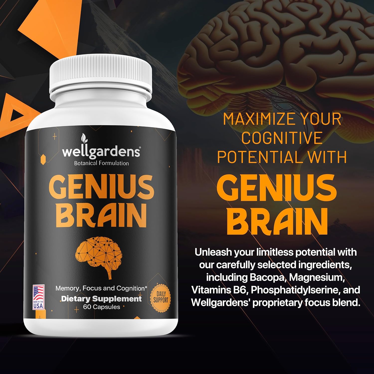 100% Pure Brain Supplements for Memory, Focus and Cognition – Daily Support for Mental Clarity with Bacopa, Magnesium, Vitamin B6, Phosphatidylserine – Non-GMO, Gluten-free - görsel 2