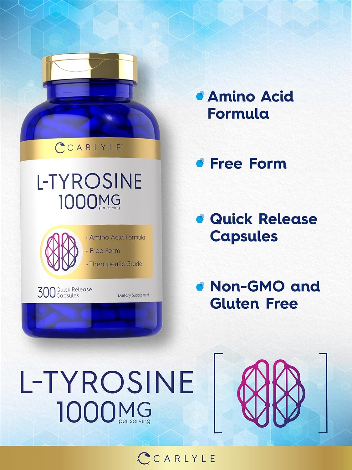 Carlyle L-Tyrosine Capsules 1000mg, 300 Count, High Strength, Non-GMO & Gluten-free - görsel 3