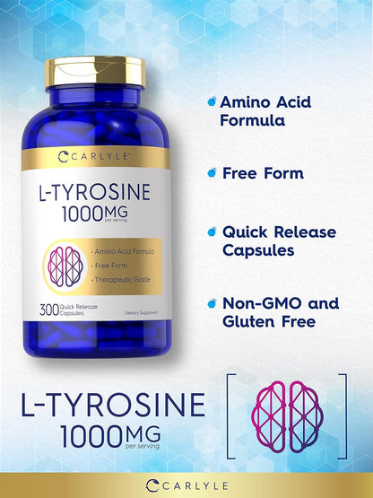 Carlyle L-Tyrosine Capsules 1000mg, 300 Count, High Strength, Non-GMO & Gluten-free