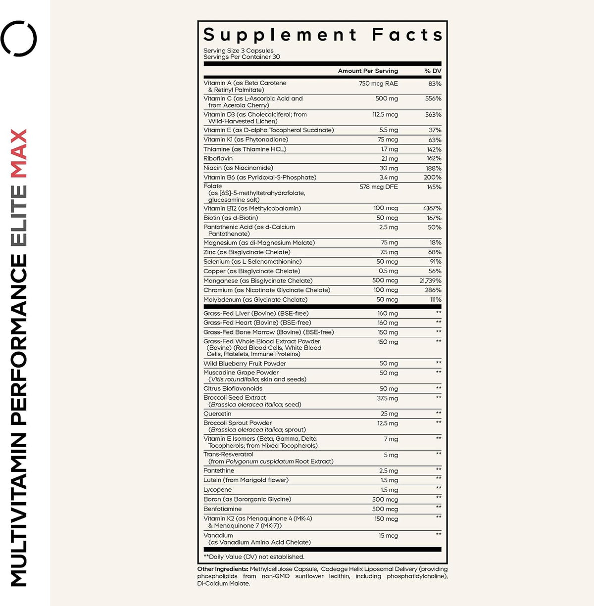 Codeage Multivitamin Performance Elite Max – Daily Multivitamin with Vitamins A, B Complex, C, D3, E & Vitamin K (MK-4, MK-7), Minerals, Botanicals, Grass-Fed Organ Blend & Lutein – 90 Capsules - görsel 2