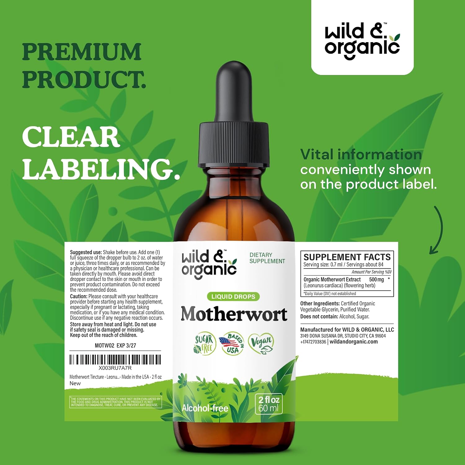 Wild & Organic Motherwort Tincture – Women's Support & Calmness – Alcohol-Free – 2 fl oz (60 ml) - görsel 9