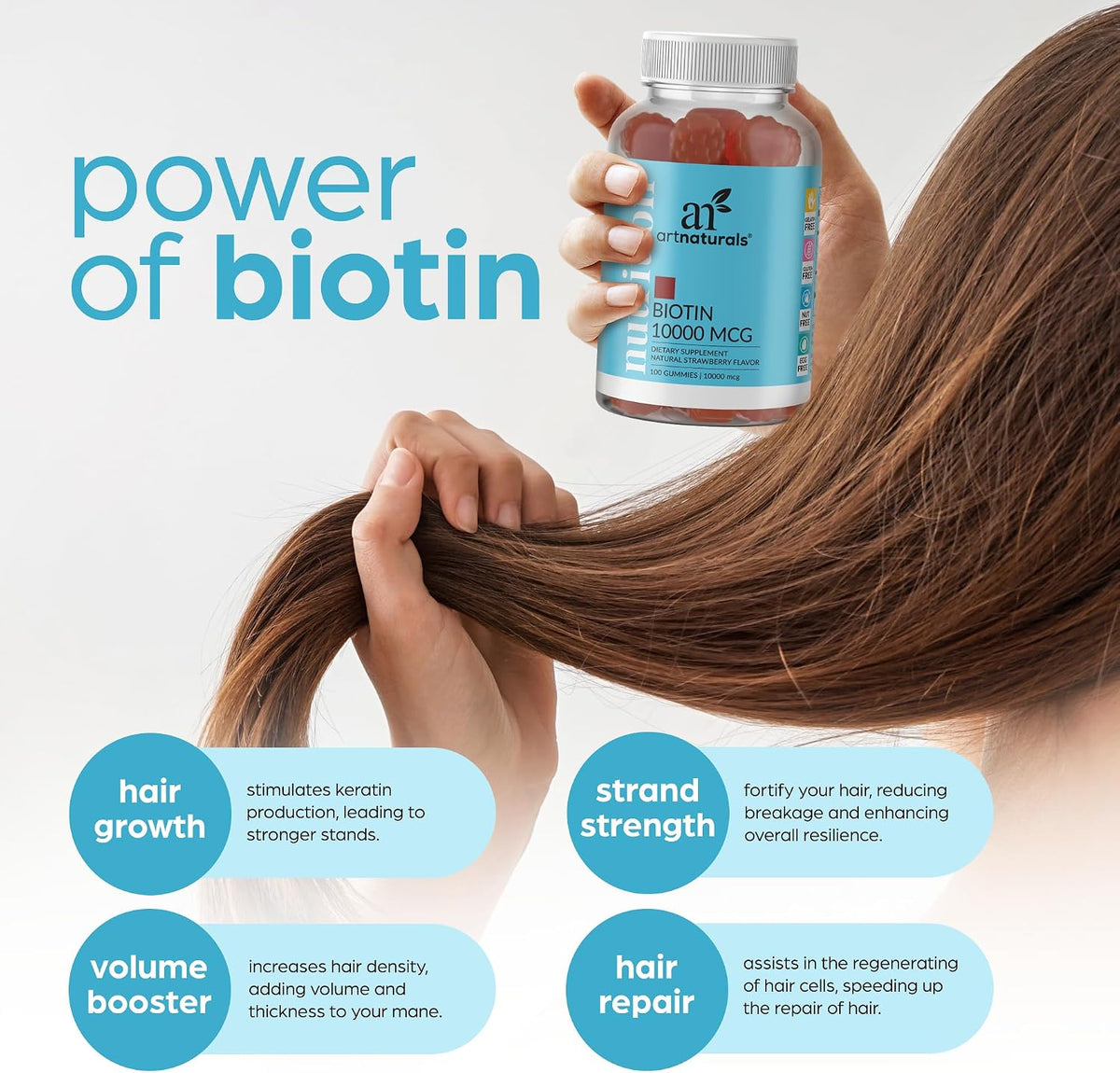 Artnaturals Biotin Gummies – 10,000mcg for Hair, Skin & Nails – Natural Strawberry – 100 Gummies - görsel 3