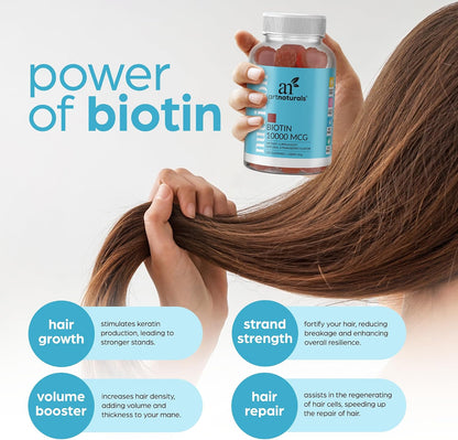 Artnaturals Biotin Gummies – 10,000mcg for Hair, Skin & Nails – Natural Strawberry – 100 Gummies