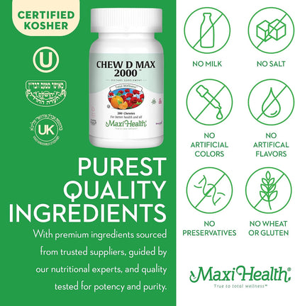 Maxi Health Chewable Vitamin D3 2000 IU Supplement - Delicious Natural Bubble Gum Flavour - Supports Calcium Absorption, Immune and Bone Health - 200 Chews