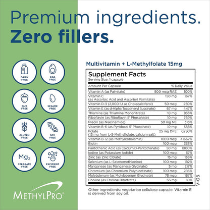MethylPro Multivitamin + L-Methylfolate 15 mg – Active Folate Support – 30 Capsules