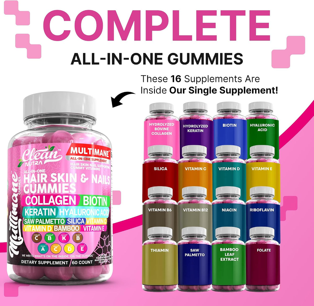 Clean Nutraceuticals Biotin Collagen Keratin Gummies | Hair, Skin and Nails Vitamins for Women | Hyaluronic Acid Bamboo Vitamin A C D3 E Folate with Saw Palmetto Silica B3 B12 Vegan Gummy - görsel 2
