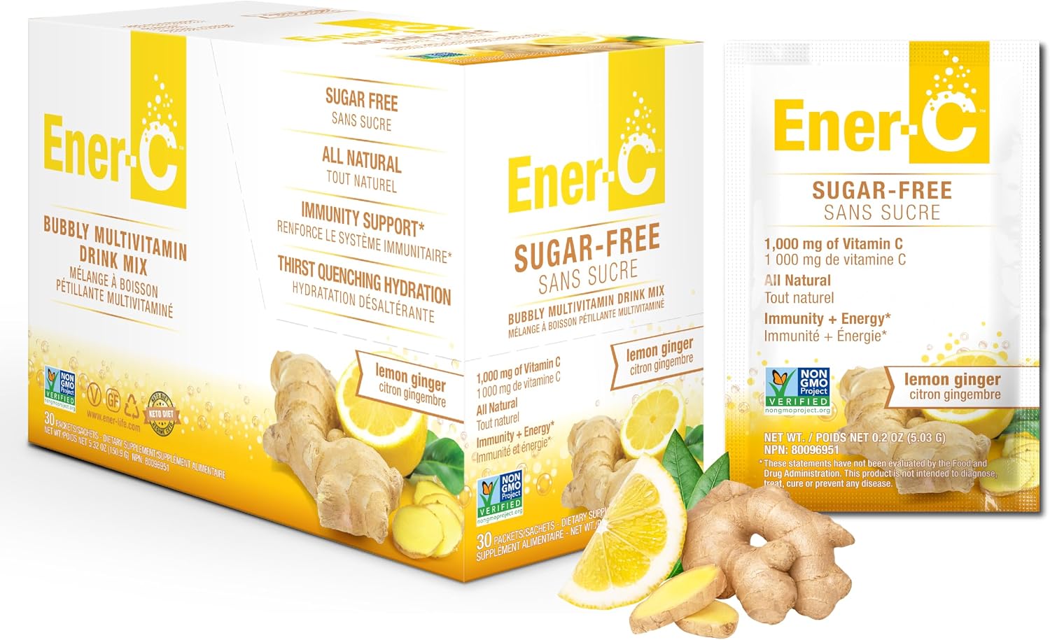 Ener-C Sugar Free Multivitamin Drink Mix, Lemon Ginger, 30 Packets - görsel 1