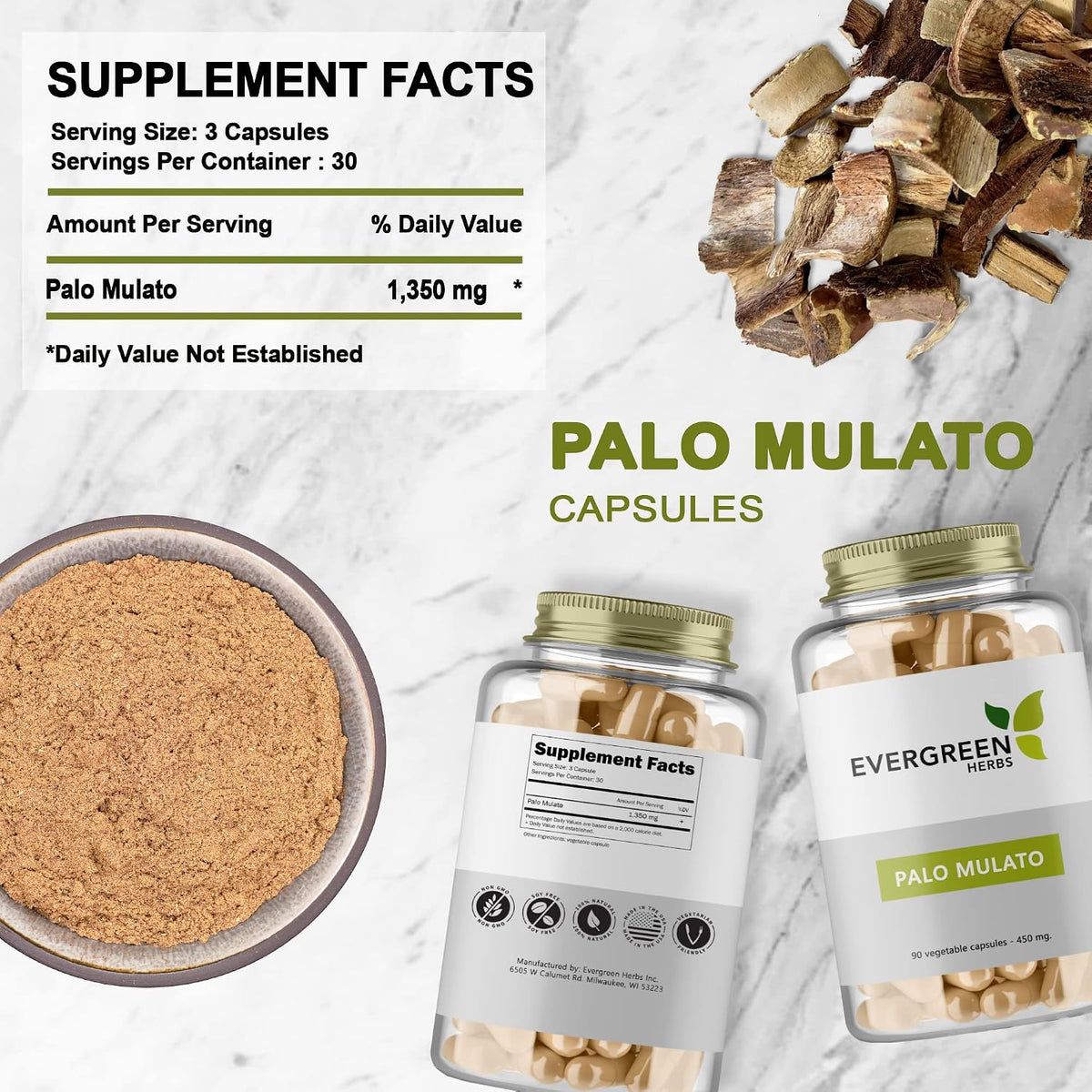 Evergreen Herbs Palo Mulato Capsules - Wildcrafted Mexican Herbal Food Supplement (1350 mg per serving, 450 mg per capsule) - görsel 1