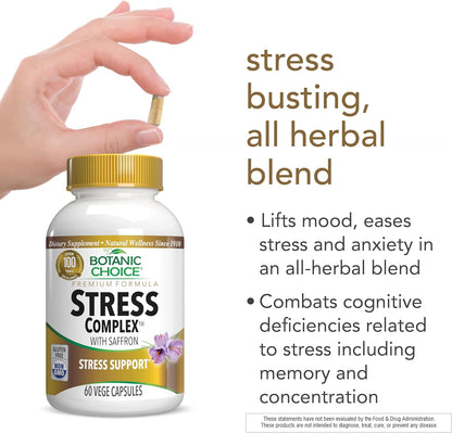 Botanic Choice Stress Complex Capsules – Traditional Herbal Supplement with Saffron, Ashwagandha, Rhodiola – Gluten-Free, 60 Capsules