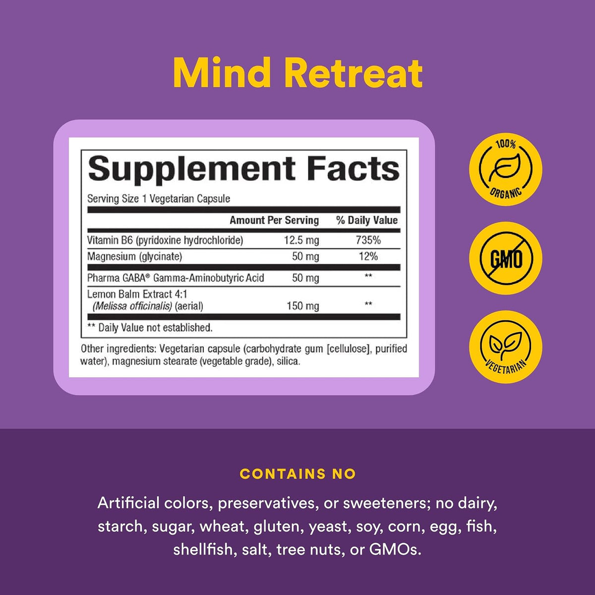 Natural Factors Mind Retreat - Supplement for Relaxation - PharmaGABA with Magnesium Glycinate, Lemon Balm Extract & Vitamin B6 - Non-GM - 60 Vegetarian Capsules (60 Servings) - görsel 4