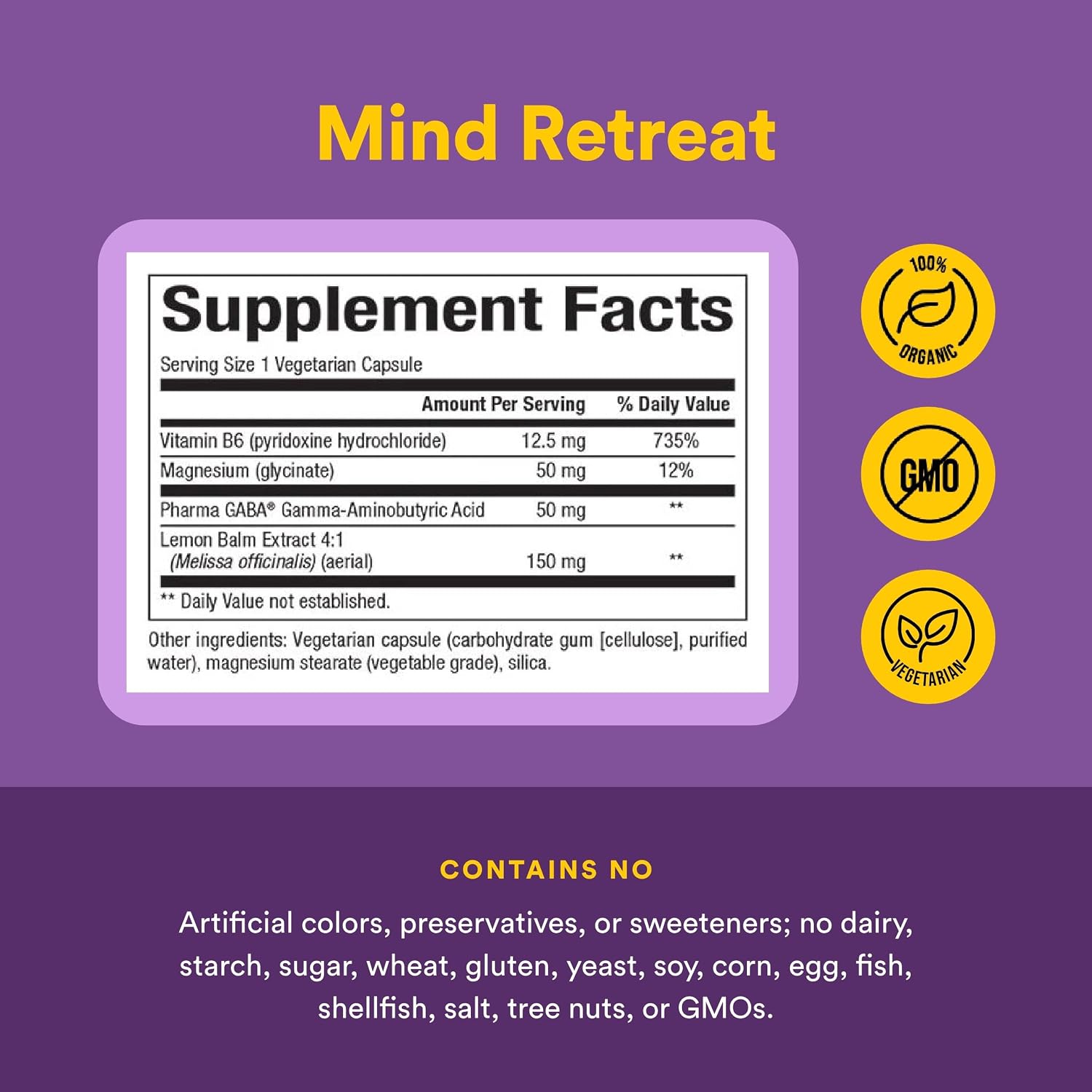 Natural Factors Mind Retreat - Supplement for Relaxation - PharmaGABA with Magnesium Glycinate, Lemon Balm Extract & Vitamin B6 - Non-GM - 60 Vegetarian Capsules (60 Servings) - görsel 4