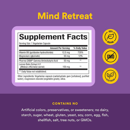 Natural Factors Mind Retreat - Supplement for Relaxation - PharmaGABA with Magnesium Glycinate, Lemon Balm Extract & Vitamin B6 - Non-GM - 60 Vegetarian Capsules (60 Servings)