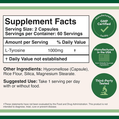 L-Tyrosine 1,000mg per Serving, 120 Veggie Capsules – Memory, Attention & Focus Support